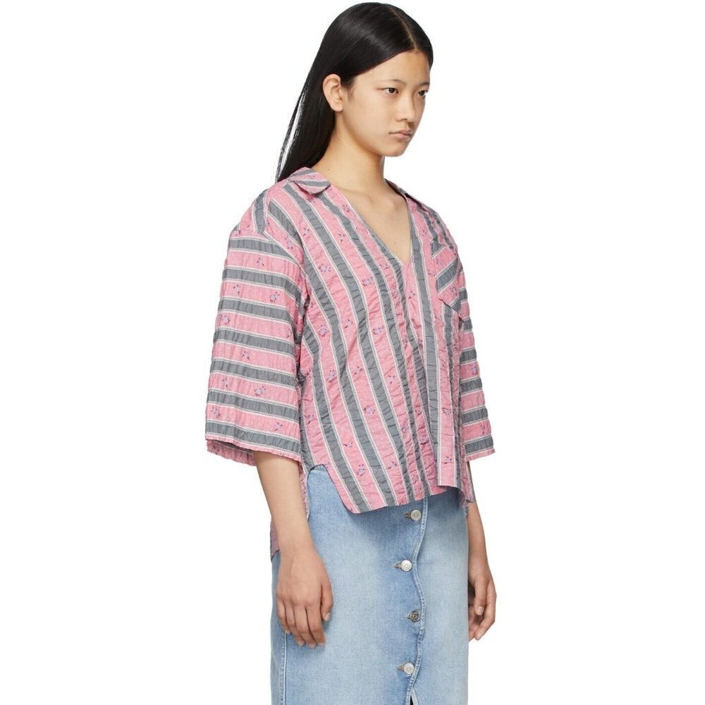 GANNI XXS/XS Womens "Pink Gray Oversized V-Neck Shirt Organic Cotton